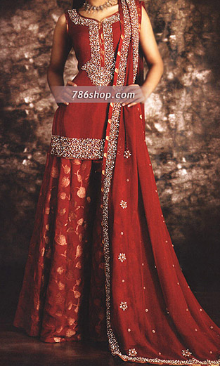 Deep Red Chiffon/Jamawar Lehnga | Pakistani Party Wear Dresses