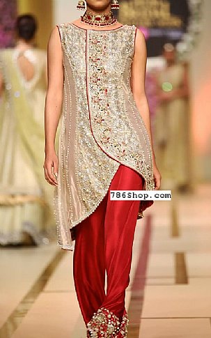 Golden Red Silk Suit Pakistani Party Wear Dresses