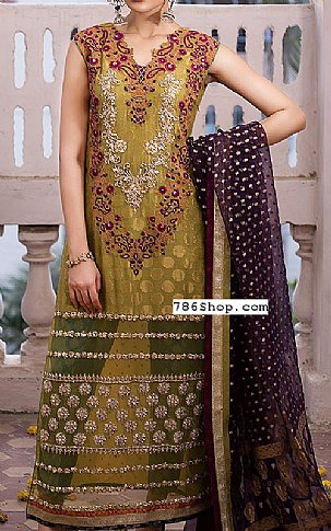 Olive Chiffon Jamawar Suit Pakistani Party Wear Dresses