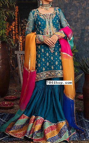 Teal Blue Crinkle Chiffon Suit | Pakistani Wedding Dresses