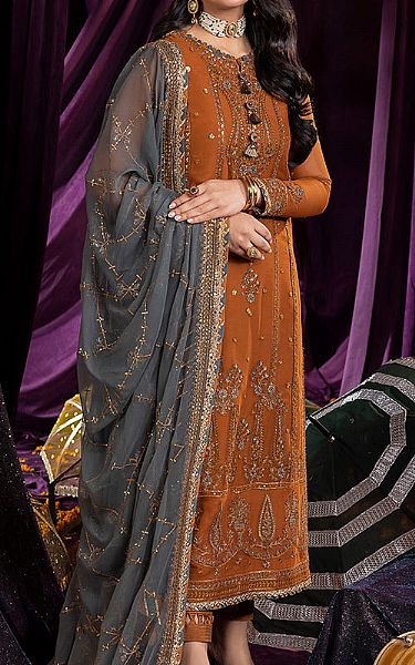 Asim Jofa Bronze Chiffon Suit | Pakistani Embroidered Chiffon Dresses- Image 1