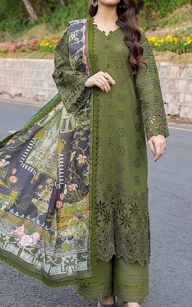 Khas Olive Green Lawn Suit Pakistani Lawn Dress in USA