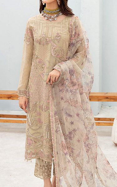 Ramsha Tan Chiffon Suit Pakistani Embroidered Chiffon Dresses 4009