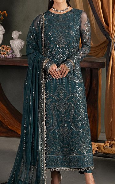 Zarif Nile Blue Net Suit | Pakistani Embroidered Chiffon Dresses- Image 1