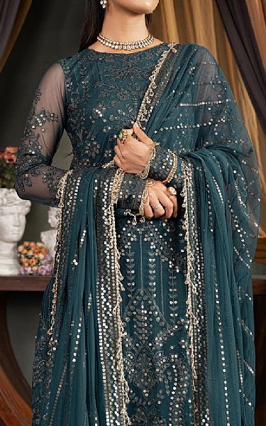 Zarif Nile Blue Net Suit | Pakistani Embroidered Chiffon Dresses- Image 3