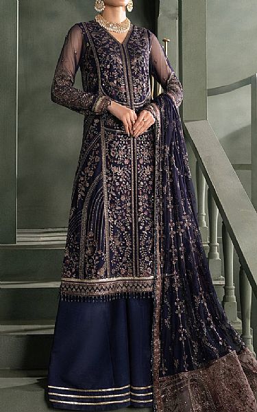 Zarif Navy Blue Net Suit | Pakistani Embroidered Chiffon Dresses- Image 1
