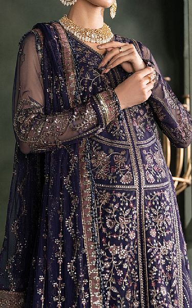 Zarif Navy Blue Net Suit | Pakistani Embroidered Chiffon Dresses- Image 3