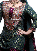 Green/Magenta Jamawar Zarri Gharara - Pakistani Formal Designer Dress