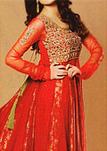 Red Jamawar Chiffon Suit- Pakistani Party Wear Dress