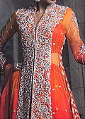 Orange/Red Jamawar Chiffon Lehnga- Pakistani Formal Designer Dress
