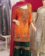 Orange/Green Chiffon Suit- Pakistani Formal Designer Dress