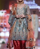 Slate Grey/Red Silk Suit- Pakistani Formal Designer Dress