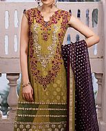 Olive Chiffon Jamawar Suit- Pakistani Formal Designer Dress
