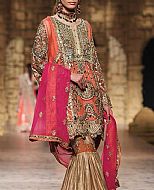 Coral/Golden Chiffon Suit- Pakistani Party Wear Dress