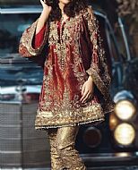 Maroon/Golden Jamawar Suit- Pakistani Party Wear Dress