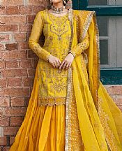 Akbar Aslam Golden Yellow Organza Suit- Pakistani Designer Chiffon Suit