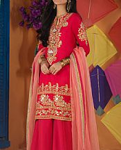 Asim Jofa Carmine Red Net Suit- Pakistani Designer Chiffon Suit