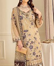Ramsha Tan Organza Suit- Pakistani Designer Chiffon Suit