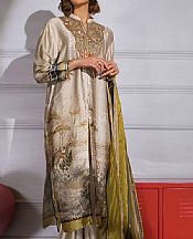 Sobia Nazir Ivory/Olive Silk Suit- Pakistani Designer Chiffon Suit